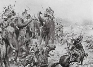 Babar przedstawia broń polową w Panipat autorstwa Robert Ambrose Dudley
