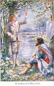 Nad rzeką wody życia, z książki The Pilgrims Progress wydanej przez John F. Shaw & Co, ok. 1900 (kolor lito) autorstwa Robert Ambrose Dudley