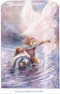 Christian i Hopeful przechodzą przez rzekę, z książki The Pilgrims Progress wydanej przez John F. Shaw & Co, ok. 1900 (kolor lito)