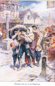 Christian wyrusza na swoją pielgrzymkę, z książki The Pilgrims Progress wydanej przez John F. Shaw & Co, ok. 1900 (kolor lito) autorstwa Robert Ambrose Dudley