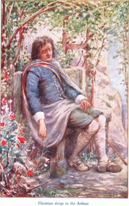 Christian śpi w altanie, z The Pilgrims Progress wydanej przez John F. Shaw & Co, ok. 1900 (kolor lito) autorstwa Robert Ambrose Dudley