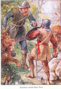 Wielkie serce atakuje Giant Grim, z książki The Pilgrims Progress wydanej przez John F. Shaw & Co, ok. 1900 (kolor lito) autorstwa Robert Ambrose Dudley
