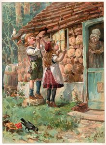 Jaś i Małgosia, ilustracja z „Pewnego razu” wydanej przez Ernesta Mistera, ok. 1900 (kolor lito)