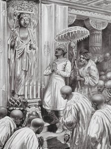 Kanishka inauguruje buddyzm mahajany (północny), AD 100 (litografia) autorstwa Robert Ambrose Dudley