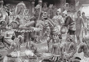 Pulikesin II, Chalukhya, przyjmuje wysłanników z Persji (litografia) autorstwa Robert Ambrose Dudley