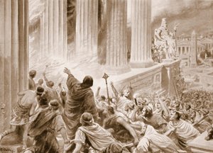 Spalenie Biblioteki w Aleksandrii w 391 AD, ilustracja z „Hutchinsons History of the Nations”, c.1910 (lito)