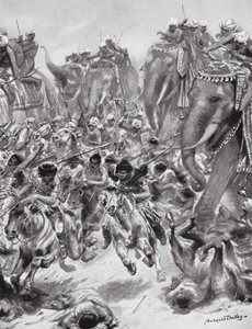 Pokonanie Eftalitów lub Białych Hunów, AD 528 (litografia) autorstwa Robert Ambrose Dudley
