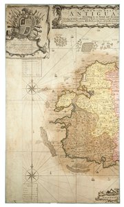 Nowa i dokładna mapa wyspy Antigua w Ameryce, według badań przeprowadzonych w latach 1746-1748, ok. 1749 r. (kolorowa rycina) autorstwa Robert Baker