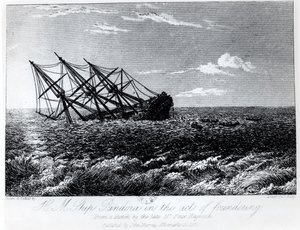 H.M. Założenie Pandory, z książki „The Eventful History of the Bunity and Piratical Seizure of H.M.S. Bounty: jego przyczyna i konsekwencje” Johna Barrowa, opublikowane przez Johna Murraya w 1835 r. autorstwa Robert Batty