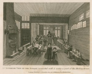 Widok wnętrza szkoły połączonej z częścią i pod częścią dawnego domu spotkań Johna Bunyana autorstwa Robert Blemell Schnebbelie