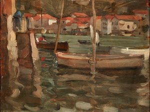 Łodzie wiosłowe przy nabrzeżu portowym, Concarneau (olej na panelu) autorstwa Robert Brough