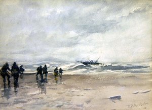Rybacy ciągnący zniszczoną łódź rybacką (akwarela na papierze) autorstwa Robert Buchan Nisbet
