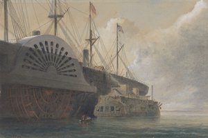 Stara fregata Iris ze swoim ładunkiem kablowym wzdłuż Great Eastern at Sheerness .., 1865.