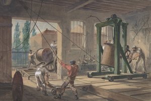 Szpule z drutem przewodzącym pokrytym gutaperką, transportowane do zbiorników w zakładach..., 1865-66. autorstwa Robert Charles Dudley