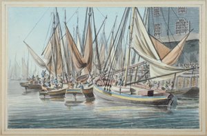 Widok na nabrzeże Billingsgate z łodziami na wodzie, City of London, 1790. autorstwa Robert Clevely