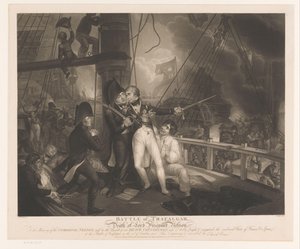 Bitwa pod Trafalgarem ze śmiercią Horatio Nelson Bitwa pod Trafalgarem i śmierć Lorda Wicehrabiego Nelsona (tytuł na obiekcie)