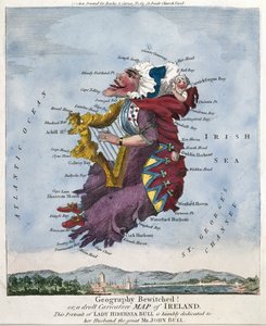 Zaczarowana geografia! Lub zabawna karykaturalna mapa Irlandii. Ten portret Lady Hibernia Bull jest pokornie poświęcony jej mężowi, wielkiemu panu Johnowi Bullowi. [ok.1796]