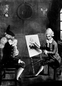 Malarz makaronów, czyli Billy Dimple siedzący do swojego obrazu, 1770 autorstwa Robert Dighton
