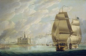 Nelson forsujący przejście przez cieśninę, 30 marca 1801 r., przed bitwą pod Kopenhagą autorstwa Robert Dodd