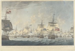 Bitwa pod Kamperduinem (1797): atak floty brytyjskiej Widok floty brytyjskiej w południe 11 października 1797 r., zmierzający do ataku na flotę holenderską (...) (tytuł na obiekcie)