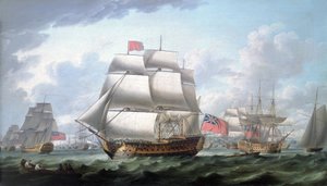 "Victory" opuszczający Spithead (Anglia), noszący czerwoną banderę i banderę wiceadmirała Rouges, po jego prawej trójmasztowiec zidentyfikowany jako "Queen Charlotte". autorstwa Robert Dodd