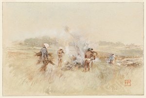 Przy pracy, układając chrust na tlących się ogniskach autorstwa Robert Frederick Blum