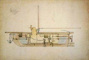 Oryginalny rysunek Nautilusa, pierwszej łodzi podwodnej (łodzi podwodnej), przedstawiony przez wynalazcę Roberta Fultona (1765-1815) amerykańskiemu Senatowi w 1806 roku.