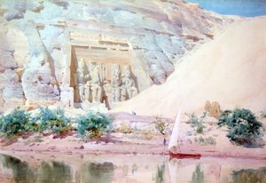 Abu Simbel", akwarela. Robert Talbot-Kelly (1861-1934), angielski pejzażysta orientalista. Wielkie wapienne posągi Ramzesa II przy wejściu, widziane od strony Nilu. Egipt Krajobraz Woda Ruiny