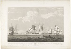 Wypłynięcie dwunastu holenderskich statków handlowych z portu Portsmouth, 1833 (tabl. 3) Ten zestaw trzech tablic przedstawiających wypłynięcie z Portsmouth Harbor w dniu 2 czerwca 1833 roku 12 statków Nederlandsche Koopvaardy z embarga zrzuconych autorstwa Robert Havell (II)