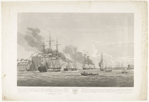 Wypłynięcie dwunastu holenderskich statków handlowych z portu Portsmouth, 1833 (tabl. 2) Ten zestaw trzech tablic przedstawiających wypłynięcie z Portsmouth Harbor w dniu 2 czerwca 1833 roku 12 statków Nederlandsche Koopvaardy z embarga zrzuconych autorstwa Robert Havell (II)