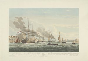 Wypłynięcie dwunastu holenderskich statków handlowych z portu Portsmouth, 1833 (tabl. 2) Ten zestaw trzech tablic przedstawiających wypłynięcie z Portsmouth Harbor w dniu 2 czerwca 1833 roku 12 statków Nederlandsche Koopvaardy z embarga zrzuconych autorstwa Robert Havell (II)