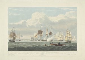 Wypłynięcie dwunastu holenderskich statków handlowych z portu Portsmouth, 1833 (tabl. 3) Ten zestaw trzech tablic przedstawiających wypłynięcie z Portsmouth Harbor w dniu 2 czerwca 1833 roku 12 statków Nederlandsche Koopvaardy z embarga zrzuconych autorstwa Robert Havell (II)