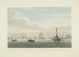 Wypłynięcie dwunastu holenderskich statków handlowych z portu Portsmouth, 1833 (tabl. 1) Ten zestaw trzech tablic przedstawiających wypłynięcie z Portsmouth Harbor w dniu 2 czerwca 1833 roku 12 statków Nederlandsche Koopvaardy z embarga zrzuconych autorstwa Robert Havell (II)