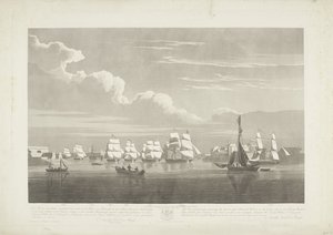 Wypłynięcie dwunastu holenderskich statków handlowych z portu Portsmouth, 1833 (tabl. 1) Ten zestaw trzech tablic przedstawiających wypłynięcie z Portsmouth Harbor w dniu 2 czerwca 1833 roku 12 statków Nederlandsche Koopvaardy z embarga zrzuconych autorstwa Robert Havell (II)