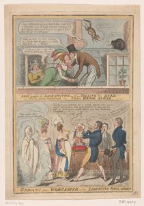 Spotprent over het huwelijk van de markies van Worcester en Anne Francis Culling Smith, 1822 Miłość śmieje się ze ślusarzy -lub- uboju księcia!!! farsa ostatnio grana na Upper Brook Street / Giovani z Worcester - lub - odzyskany libertyn (tytuł na