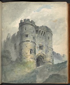 Zamek Carisbrooke, Wyspa Wight. Widoki scenerii, antyków architektonicznych itp. w okolicach Farnham, Southampton, Isle of Wight, Winchester itp., ołówkiem, piórem i atramentem, farbami wodnymi i kredą, Sir Robert Ker Porter, w 1797 r.