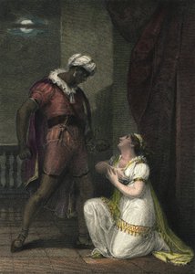 Otello i Desdemona w Wenecji. Ilustracja do „” Otella” autorstwa Williama Szekspira. Akt 4 scena 2. Grawerowanie angielskie z 1801 r. autorstwa R.K Portera.