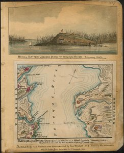 Blokada Potomaku. Mapa przedstawiająca baterie Unii i Rebelii w styczniu 1862. Rebelianci ewakuowali wszystkie swoje baterie w nocy 4 marca 1862 roku. LOC gvhs01.vhs00066