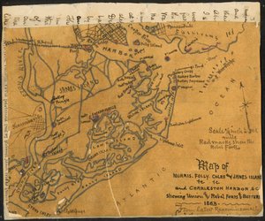 Mapa Morris, Folly, Coles i James Island(s) itd. oraz Charleston Harbor S.C. pokazująca (sic) forty i baterie Unii i Rebelii, 1864. LOC gvhs01.vhs00184