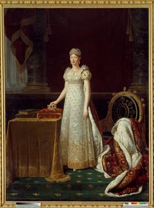 Portret cesarzowej Marii Ludwiki Austrii (Marie-Louise) (1791-1847), żony Napoleona I, reprezentowała Regentę Cesarstwa i nosiła diamentowy komplet Chaumet podarowany przez Napoleona w 1812 r. - Za nią empirowy fotel ozdobiony „N” Napoleona