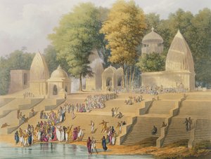 Przygotowanie do suttee lub podpalenie hinduskiej wdowy, z tomu I „Scenery, Costumes and Architecture of India”, sztychowanej przez J. Willisa i H. Melville’a, grawerowanego przez R.G. Reeve, wyd. autorstwa Smith
