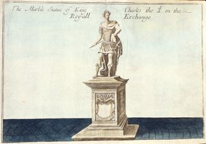 Marmurowa statua króla Karola II (1630-1685) na Royal Exchange, z "Księgi perspektyw niezwykłych miejsc w City of London i wokół niego", ok. 1700 (rycina) autorstwa Robert Morden