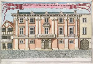 Thanet House przy Aldersgate Street, z „Księgi perspektyw niezwykłych miejsc w Londynie i wokół niego”, ok. 1700 r. autorstwa Robert Morden