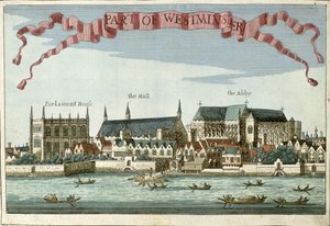 Westminster ukazujący opactwo, halę i budynek parlamentu, z „Księgi perspektyw niezwykłych miejsc w londyńskim City i wokół niego”, c.1700
