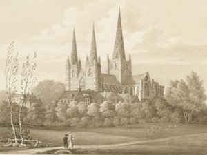 Katedra w Lichfield - zachód południowy zachód Widok: rysunek w sepii
