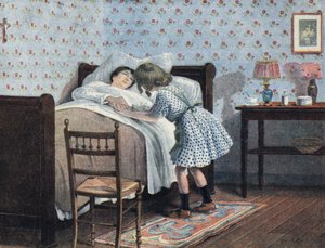 Mała dziewczynka przy łóżku chorej matki czeka na swoją wojnę. Ilustracja Roberta Sallesa (1871-1929) w „Je sais Lire”. autorstwa Robert Salles