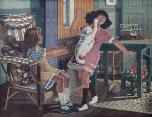 Mały kot Annette: biały kot drapie twarz małej dziewczynki bawiącej się z przyjaciółką. Ilustracja Roberta Sallesa (1871-1929) w „Je sais Lire”. autorstwa Robert Salles