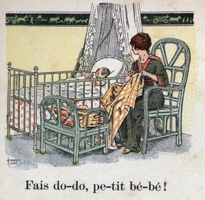 Książka dla dzieci „”Przeczytam – Alfabet metodyczny i zabawny taty””” 1926. Ilustracja Roberta Sallesa (1871-1929). „” Śpij, kochanie, kochanie! „”. Matka szyje w pokoju swojego dziecka, czekając na spanie dziecka. autorstwa Robert Salles