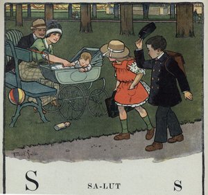 Książka dla dzieci „”Przeczytam – Alfabet metodyczny i zabawny taty””” 1926. Ilustracja Roberta Sallesa (1871-1929). Abecedary: litera S jako Salut. Chłopiec wita parę i ich dziecko podnosząc czapkę. autorstwa Robert Salles