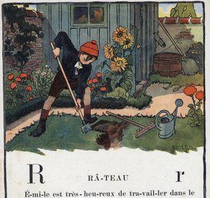 Książka dla dzieci „”Przeczytam – Alfabet metodyczny i zabawny taty””” 1926. Ilustracja Roberta Sallesa (1871-1929). Abecedaire: litera R jako Rake. Ogród chłopca w ogrodzie jego domu.